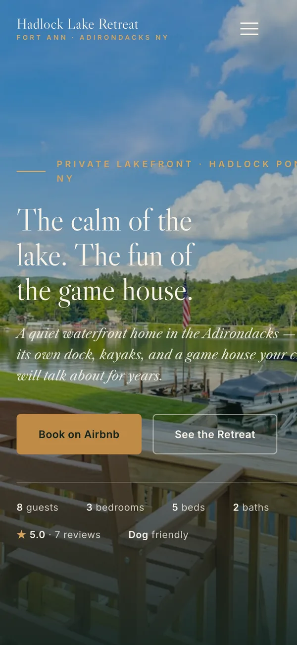 Hadlock Lake Retreat mobile homepage — lakefront photo hero with direct booking buttons