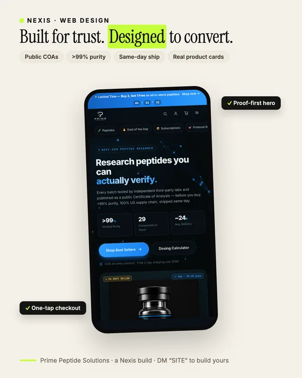Prime Peptide Solutions e-commerce build — proof-first product pages with lab certificates and one-tap checkout