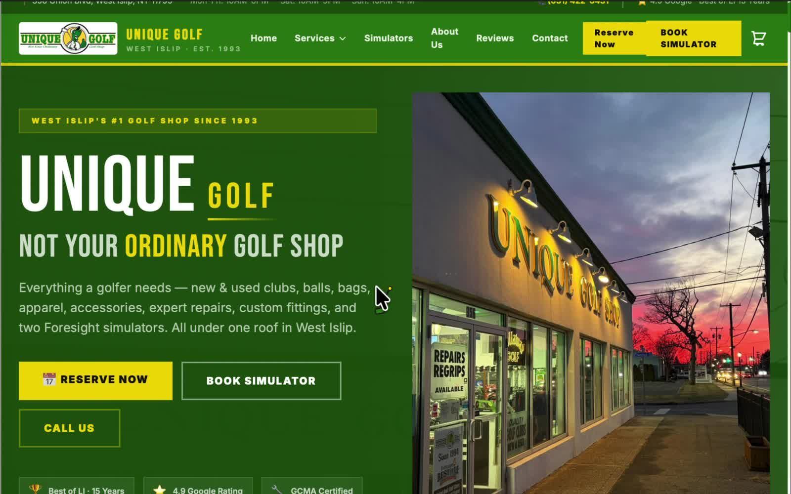 Unique Golf Shop homepage built by Nexis — dark green design with reservation and simulator booking buttons